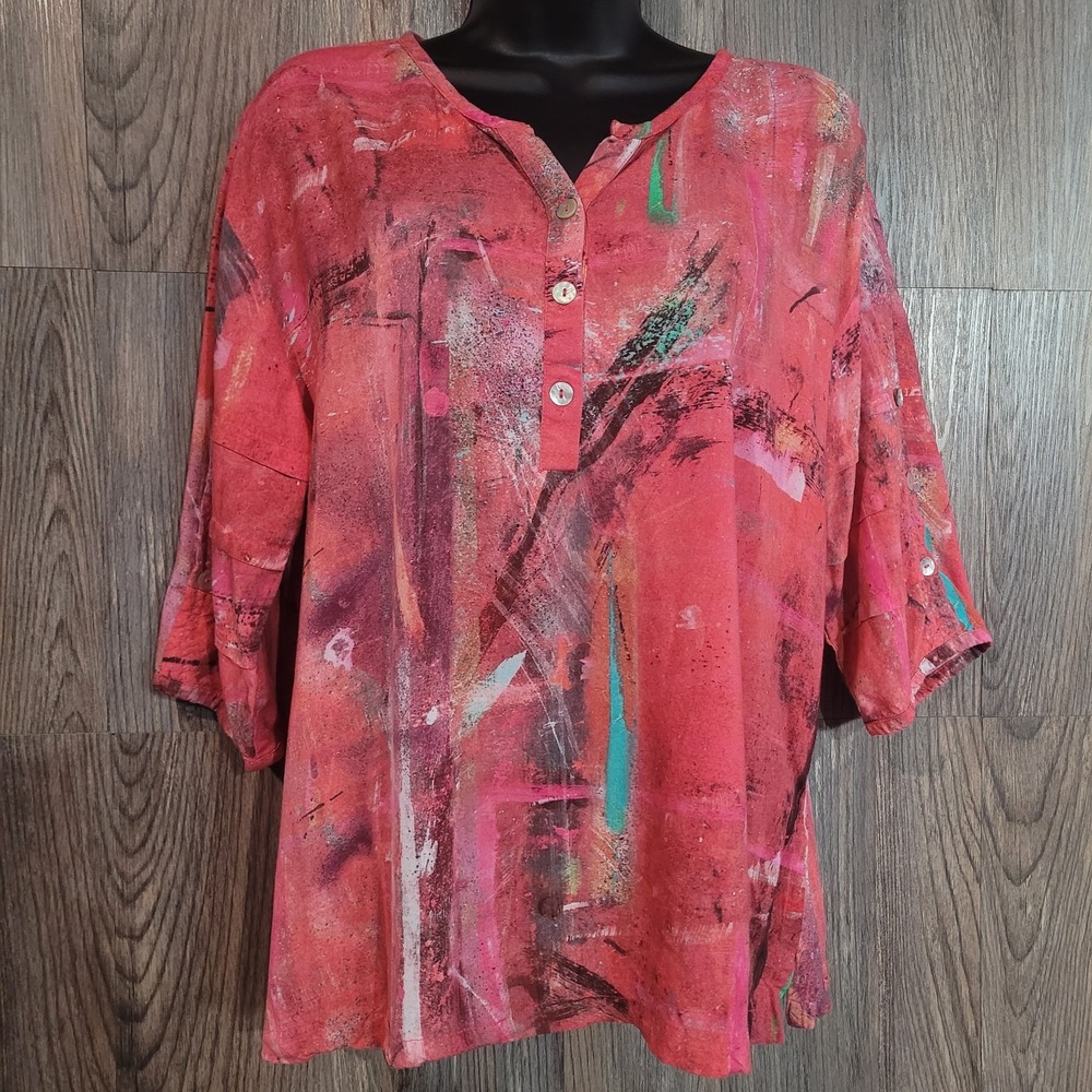 Parsley & Sage Half Button Blouse Size M Pink Abstract 3/4 Sleeve Art to Wear